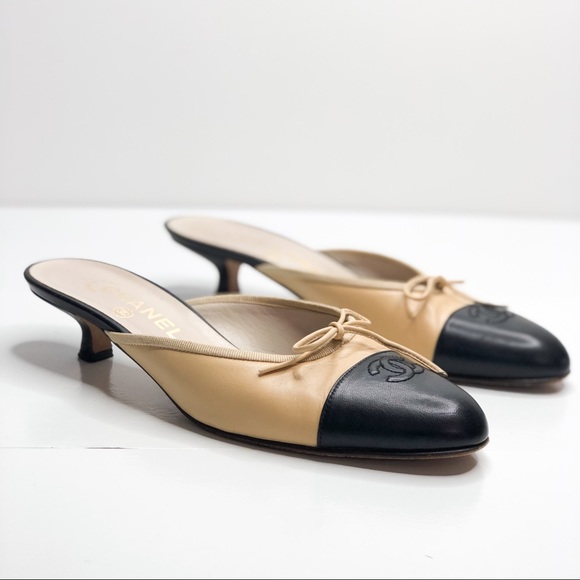 CHANEL Shoes - CHANEL Vintage CC Kitten Heels Cap Toe Tan Mules
